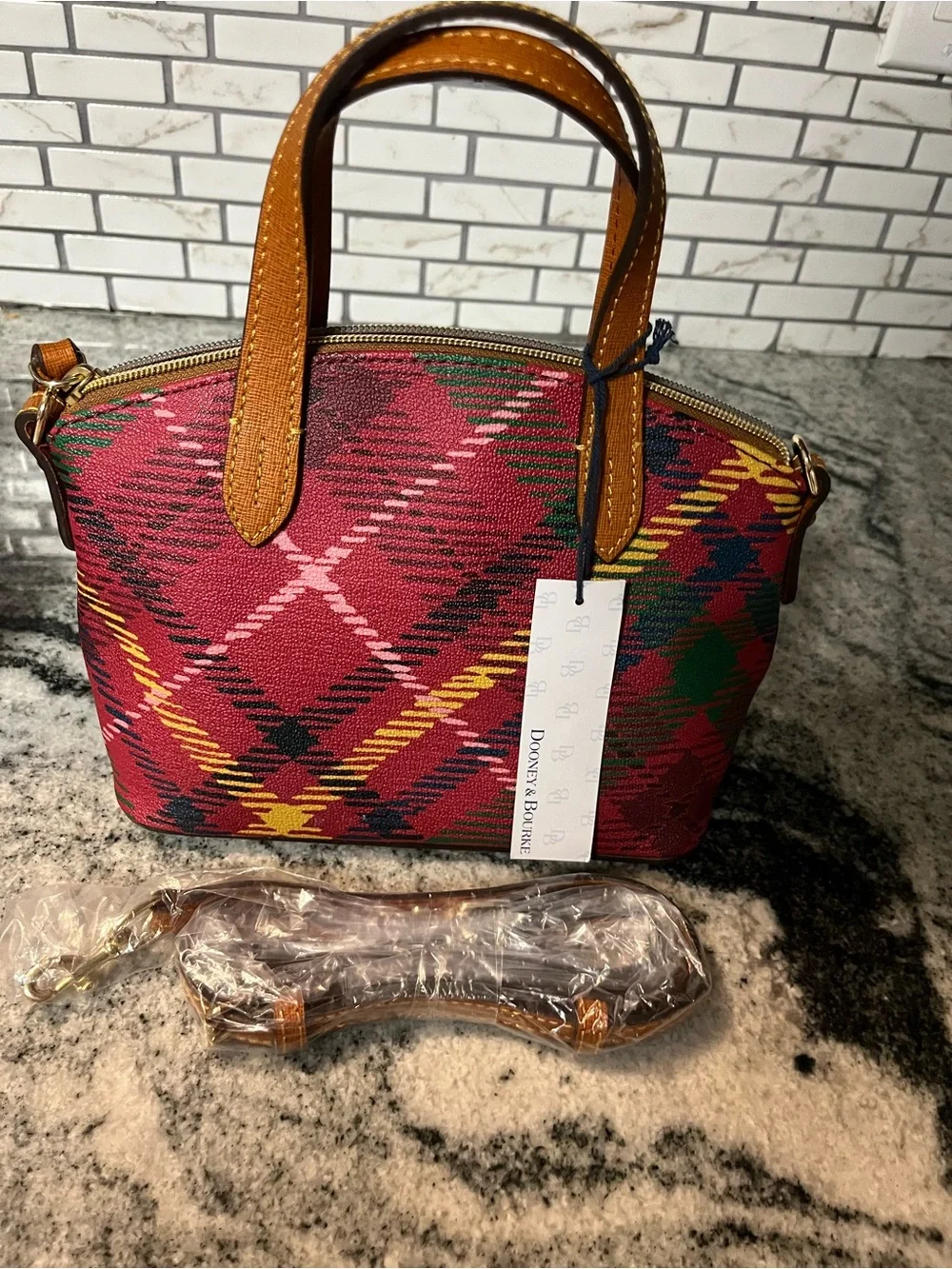 Dooney & Bourke Red Plaid Satchel with Tan Trim